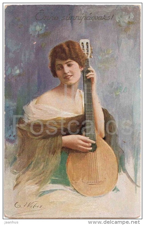 illustration by G. Weber - young woman with lute - Dame mit Laute - 16722 - circulated in Estonia Mustvee 1934 - JH Postcards