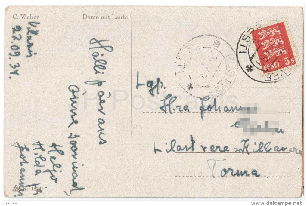 illustration by G. Weber - young woman with lute - Dame mit Laute - 16722 - circulated in Estonia Mustvee 1934 - JH Postcards