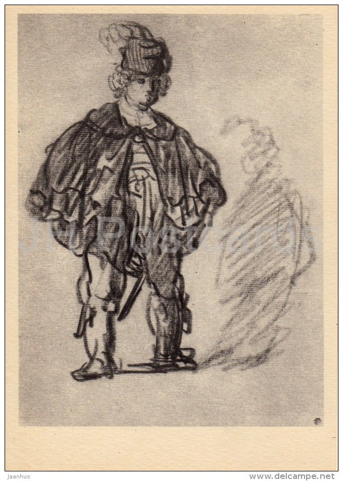 painting by Rembrandt - Young man in raincoat - Dutch art - 1956 - Russia USSR - unused - JH Postcards