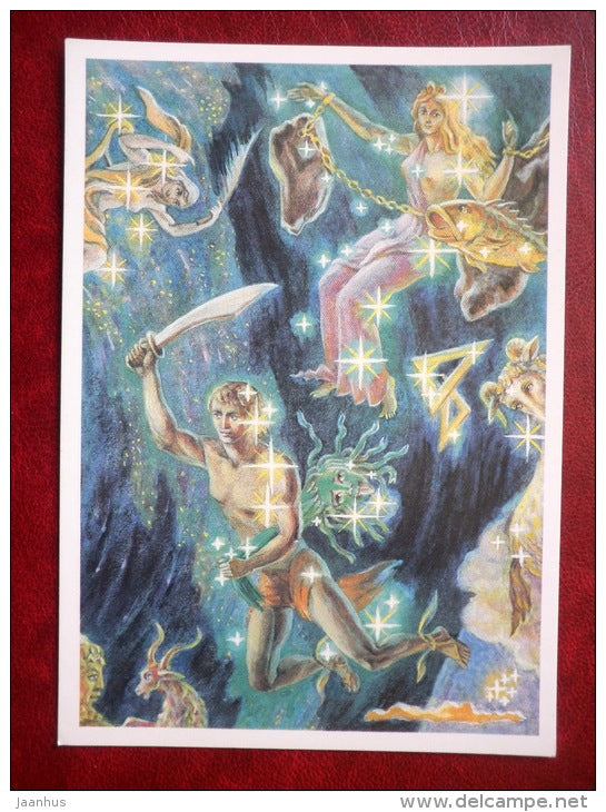 Perseus - Cassiopeia - Andromeda - Pisces - constellations - fish - stars - night sky - 1990 - Russia USSR - unused - JH Postcards