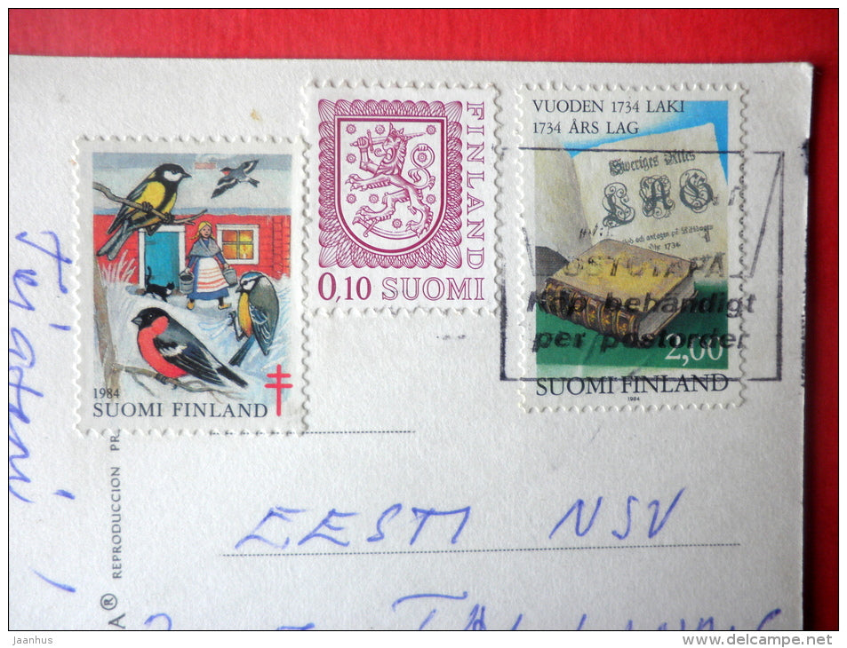 illustration - hat - window - book - Italy - sent from Finland to Estonia USSR 1985 - JH Postcards