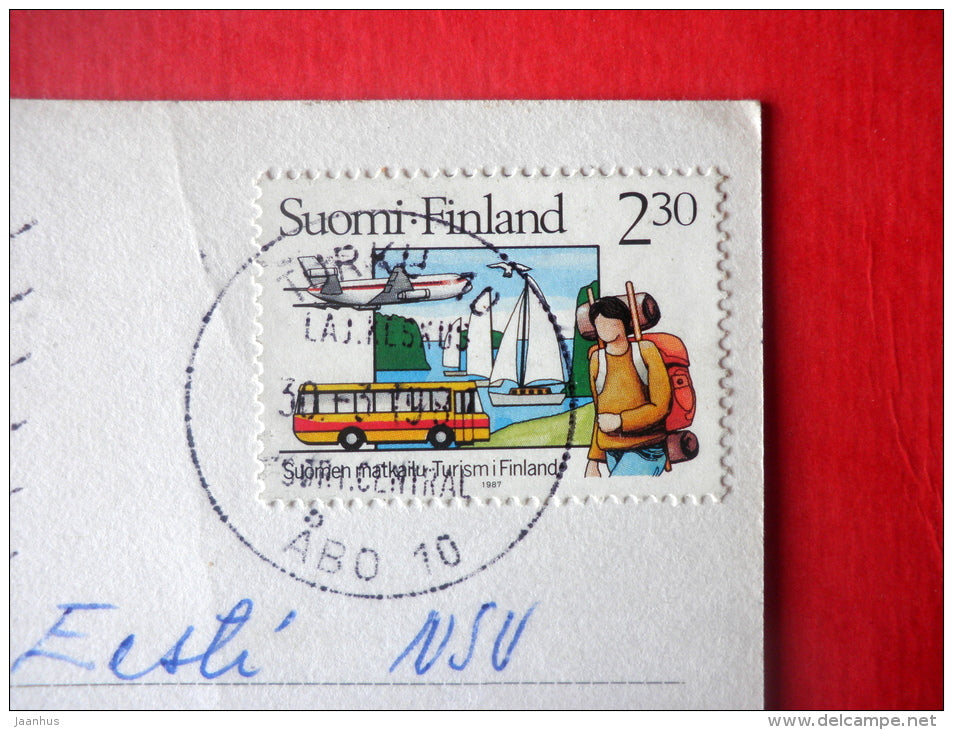 Easter Greeting Card by Jenny Nyström - eggs - chicken - cock - Finland - sent from Finland Turku to Estonia USSR 1987 - JH Postcards