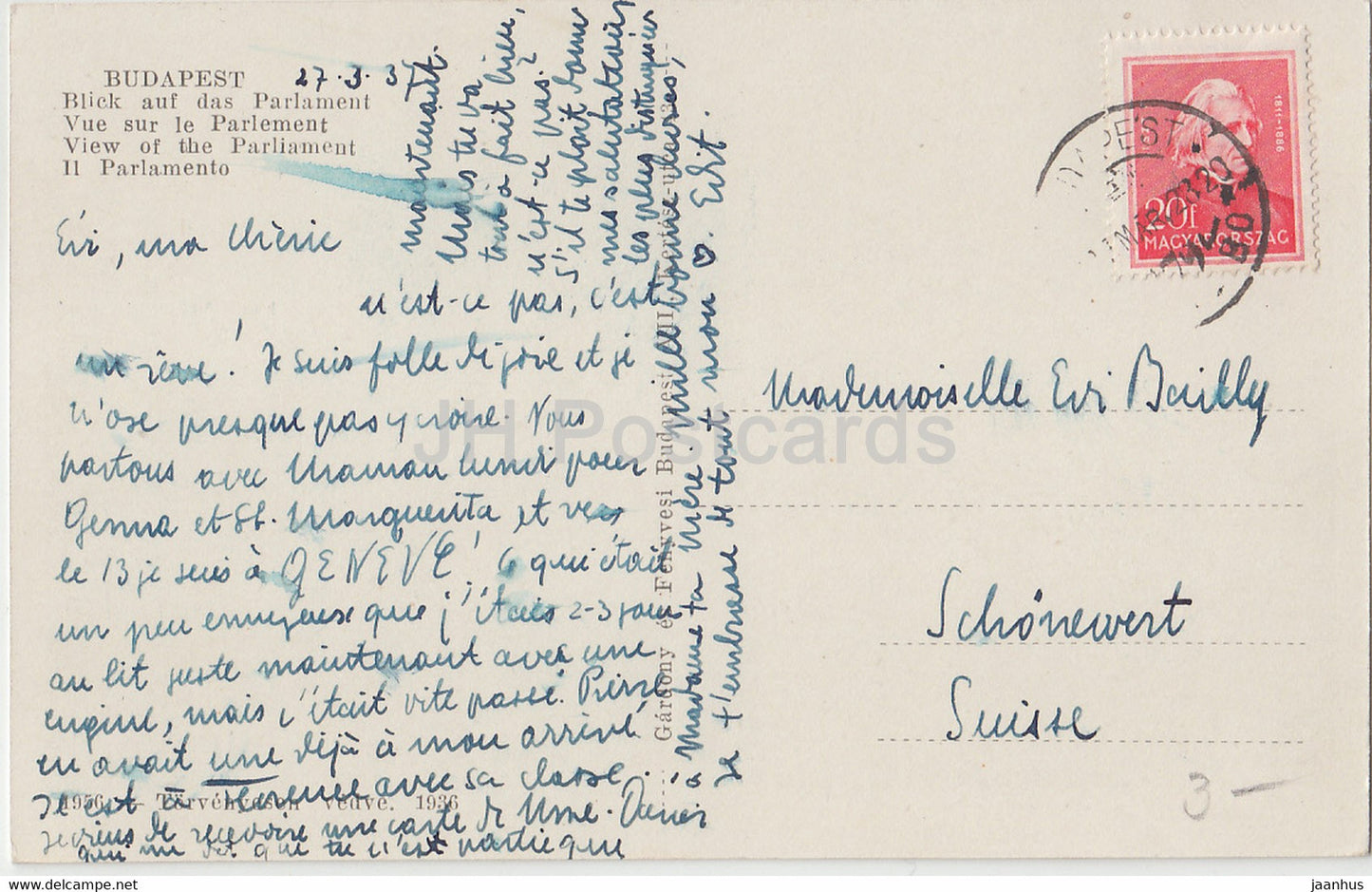 Budapest - Kilatas az Orszaghazra - View of the Parliament - steamer - ship - old postcard - 1937 - Hungary - used