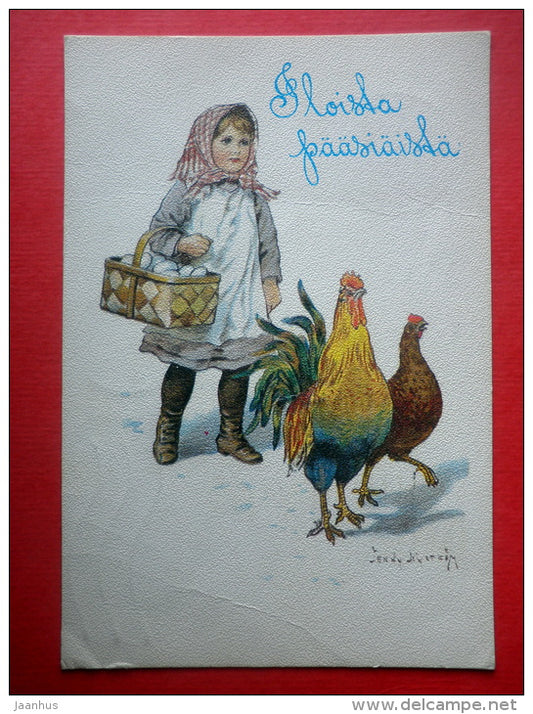 Easter Greeting Card by Jenny Nyström - eggs - chicken - cock - Finland - sent from Finland Turku to Estonia USSR 1987 - JH Postcards