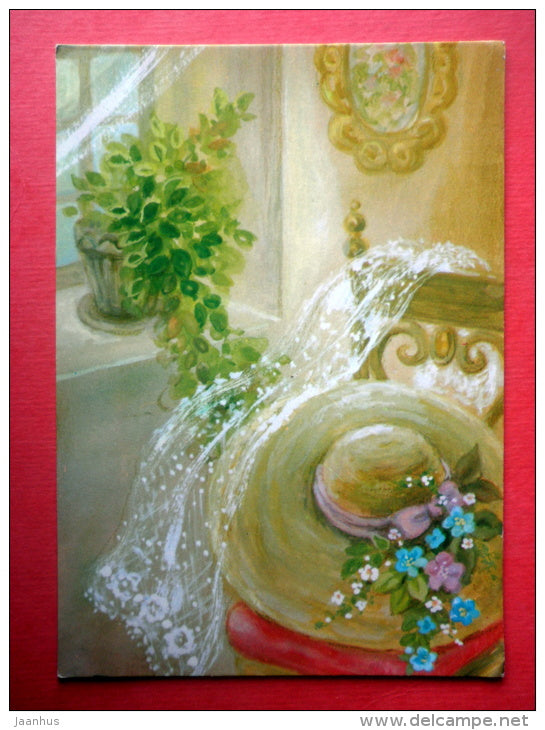 illustration - hat - window - book - Italy - sent from Finland to Estonia USSR 1985 - JH Postcards