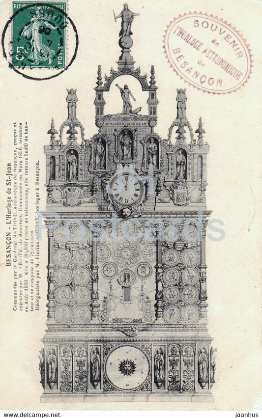 Besancon - L'Horloge de St Jean - clock - old postcard - 1908 - France - used - JH Postcards