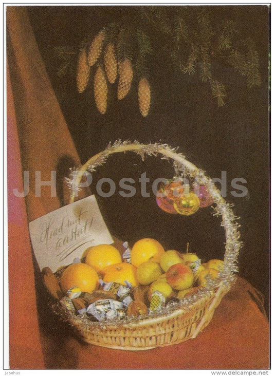 New Year Greeting card - candies - apples - fir tree - basket - 1971 - Estonia USSR - unused - JH Postcards