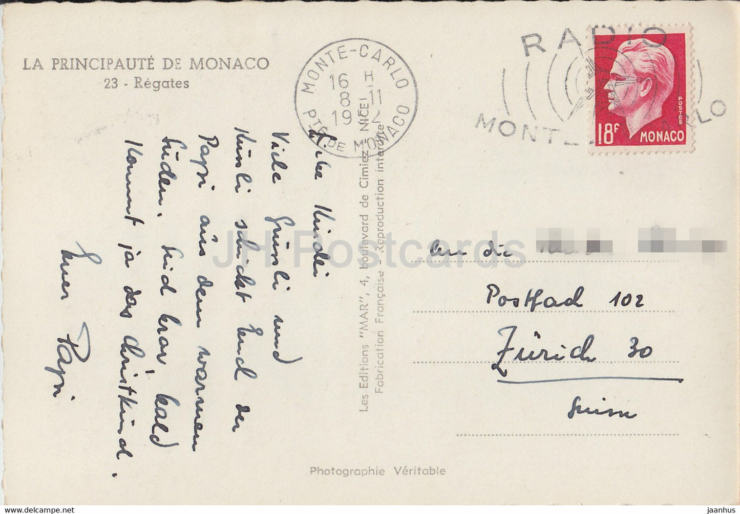 Régates - Régate - voilier - carte postale ancienne - 1952 - Monaco - occasion