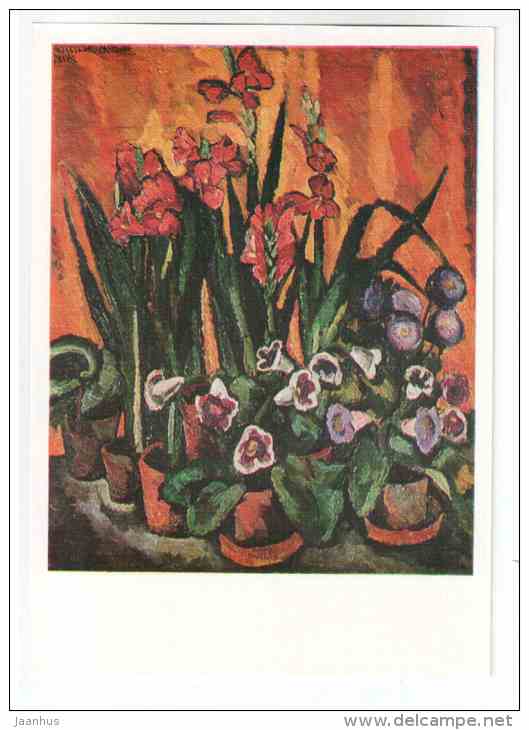 painting by P. P. Konchalovsky - Gladioli and Gloxinias - still life - russian art - unused - JH Postcards