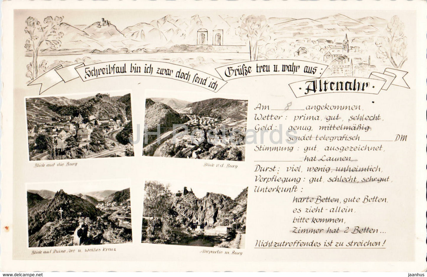Grusse treu u wahr aus Altenahr - Burg - old postcard - 1957 - Germany - used - JH Postcards