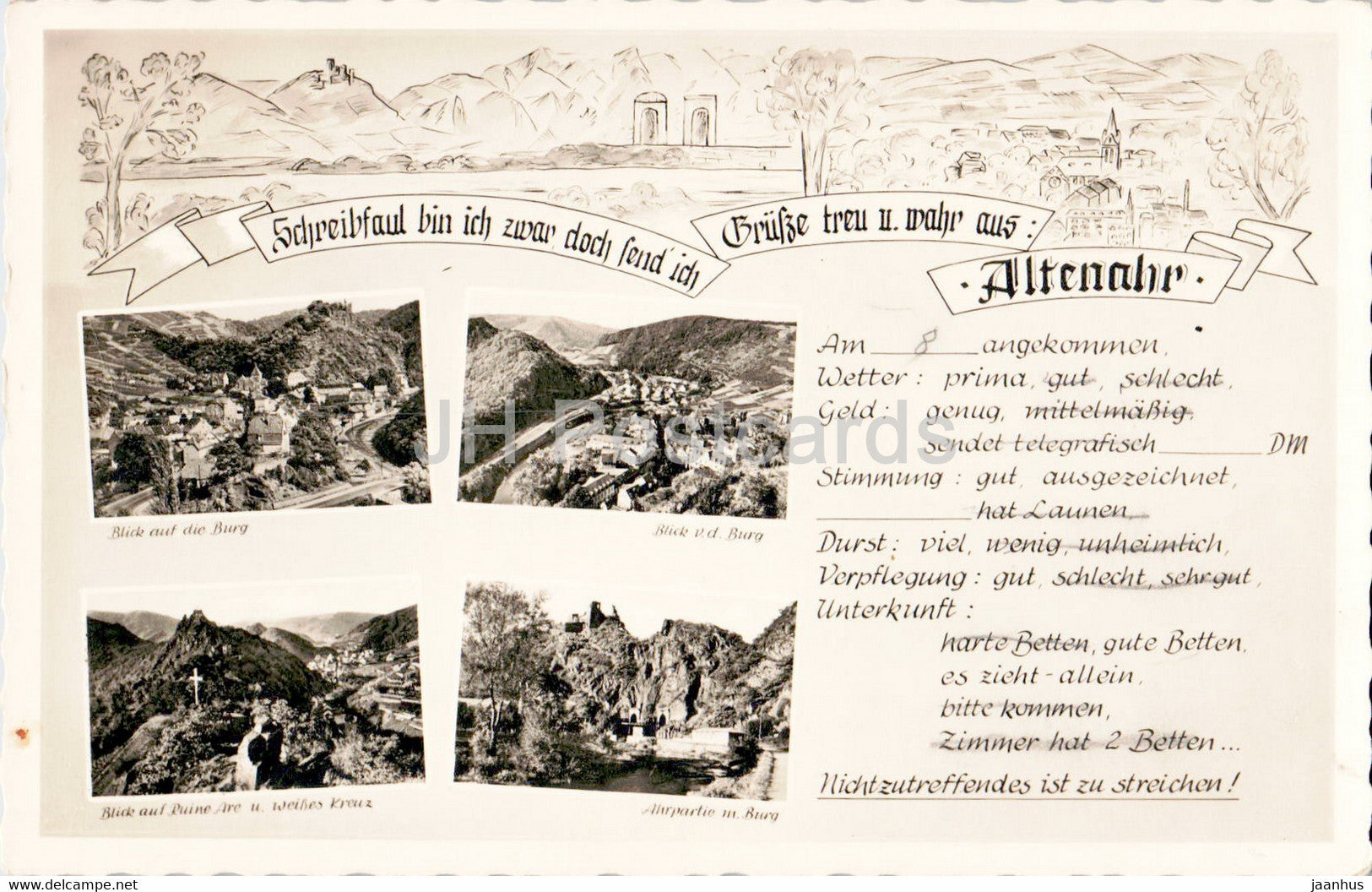 Grusse treu u wahr aus Altenahr - Burg - old postcard - 1957 - Germany - used - JH Postcards