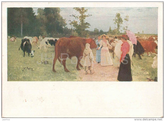painting by I. Repin - 1 - Women walking among a herd of cows - russian art - unused - JH Postcards