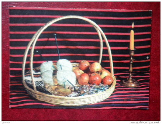 New Year Greeting card - candle - candies - apples - thread - 1970 - Estonia USSR - used - JH Postcards