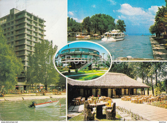 Greetings from the Lake Balaton - boat - hotel - multiview - 1977 - Hungary - used - JH Postcards