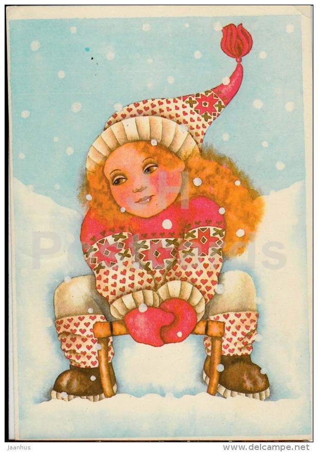 New Year Greeting card by V. Noor - girl - sledge - 1987 - Estonia USSR - used - JH Postcards