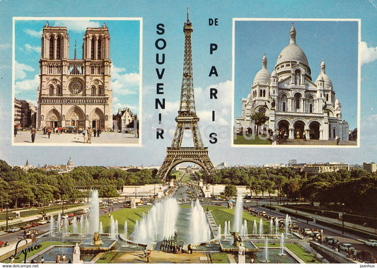 Souvenir de Paris - La Tour Eiffel et les Jets d'Eau du Trocadero - Notre Dame - Le Sacre Coeur - France - used - JH Postcards