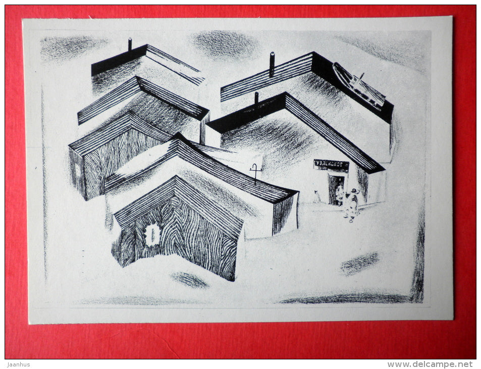 illustration by Vitaly Petrov - The Main Street in Uelen - Chukotka - houses - 1977 - Russia USSR - unused - JH Postcards