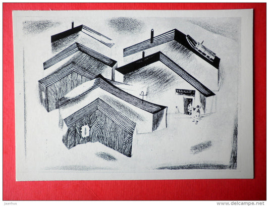 illustration by Vitaly Petrov - The Main Street in Uelen - Chukotka - houses - 1977 - Russia USSR - unused - JH Postcards