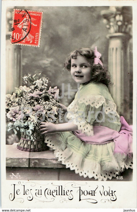Greeting Card - Je les ai cueilles pour vous - girl - 418 - old postcard - 1912 - France- used - JH Postcards