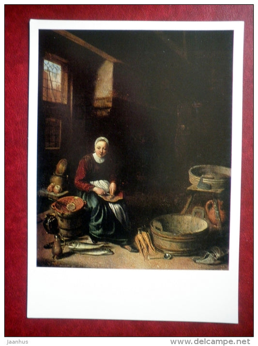 large format postcard - painting by Pieter Cornelisz van Slingelandt , The Kitchen , 1648 - dutch art - unused - JH Postcards