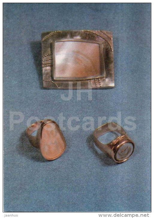 Rings and Brooch by J. Vahtramae - silver , gold - estonian jewelery art - 1975 - Estonia USSR - unused - JH Postcards