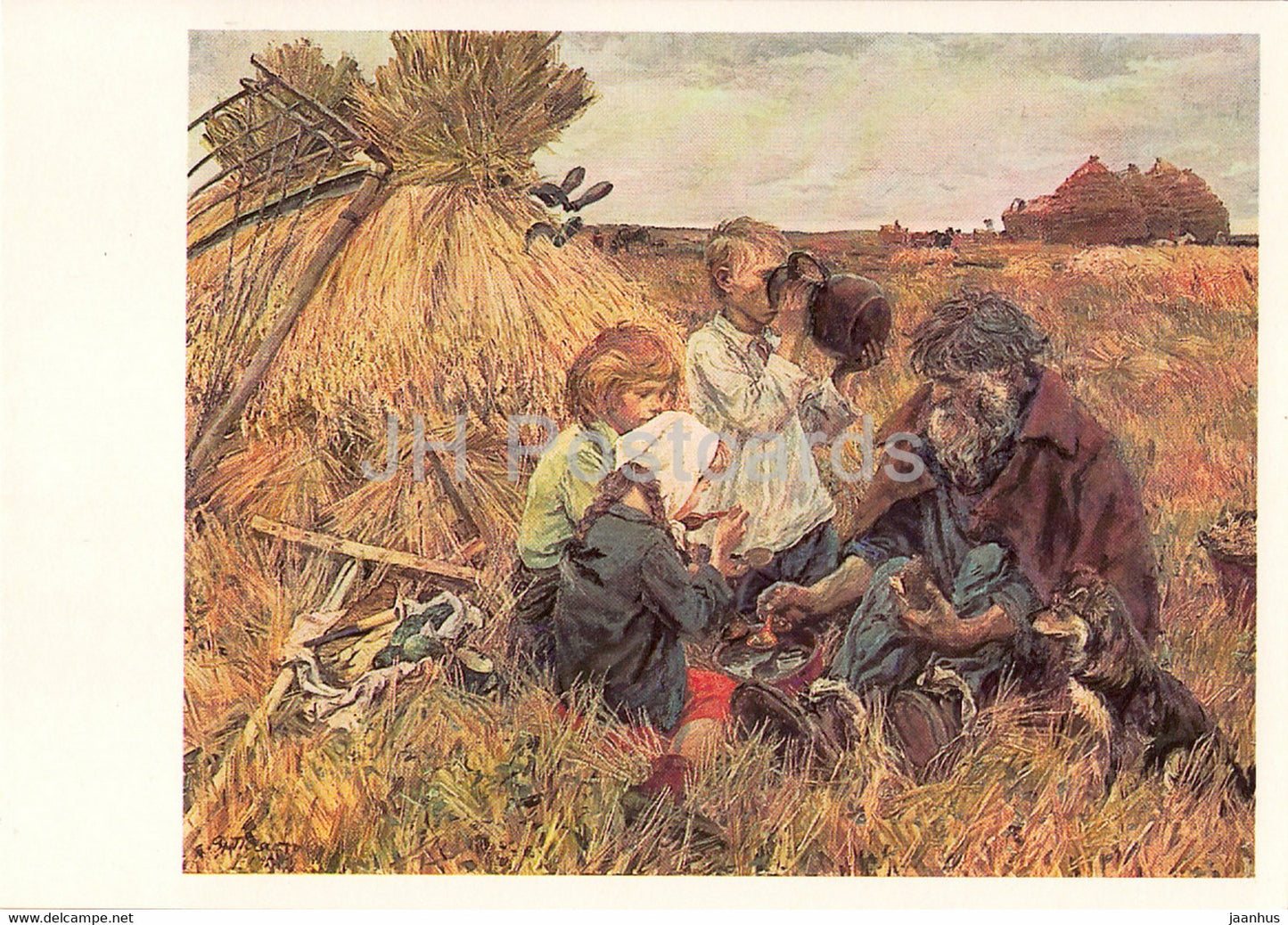 painting by A. Plastov - The Harvest - children - old man - Russian art - 1982 - Russia USSR - unused - JH Postcards