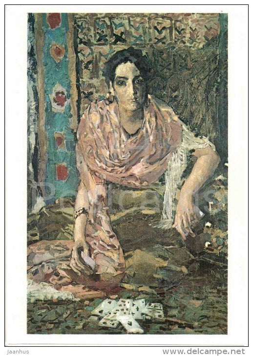 painting by M. Vrubel - Fortune Teller , 1895 - gypsy woman - playing cards - russian art - unused - JH Postcards