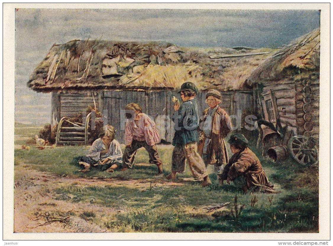 painting by K. Makovsky - 1 - Children playing Knucklebones - russian art - unused - JH Postcards