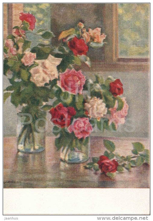 painting by Y. Razumovskaya - Roses - flowers - russian art - unused - JH Postcards