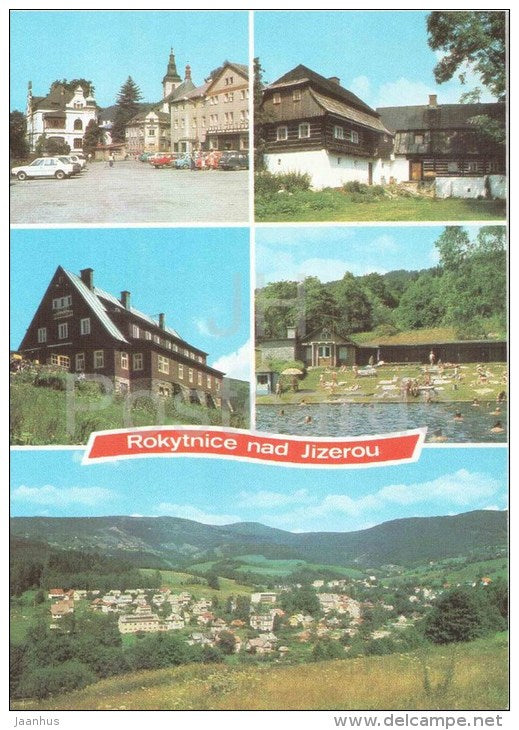 Rokytnice nad Jizerou - square - local architecture - swimming pool - panorama - Czechoslovakia - Czech - unused - JH Postcards