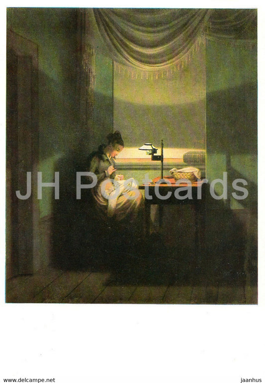 painting by Georg Friedrich Kersting - Junge Frau beim Schein einer Lampe nahend - German art - Germany DDR - unused - JH Postcards