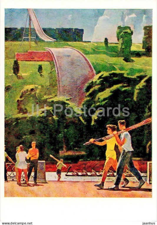 painting by A. Grositsky - Sporting Summer - ski jumping hill - sport - Russian art - 1963 - Russia USSR - unused - JH Postcards