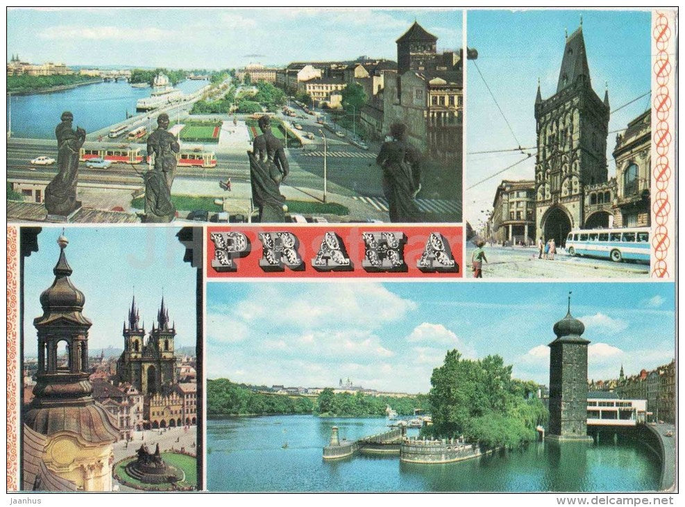swimming hotel Albratos - Powder tower - tram - bus - Praha - Prague - Czechoslovakia - Czech - used 1972 - JH Postcards