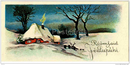 Christmas mini greeting card - snow - house - REPRODUCTION ! - 1990 - Estonia USSR - unused - JH Postcards
