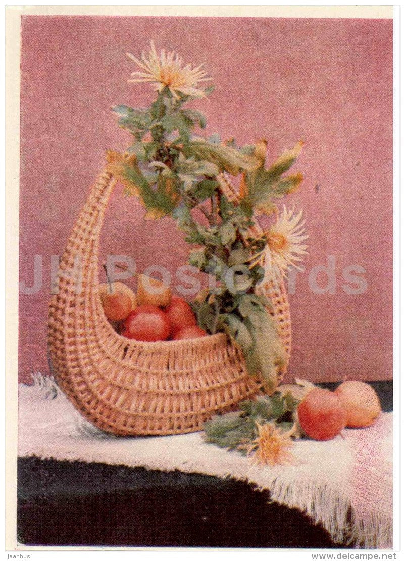 flower composition Autumn - apples -basket - 1963 - Lithuania USSR - unused - JH Postcards