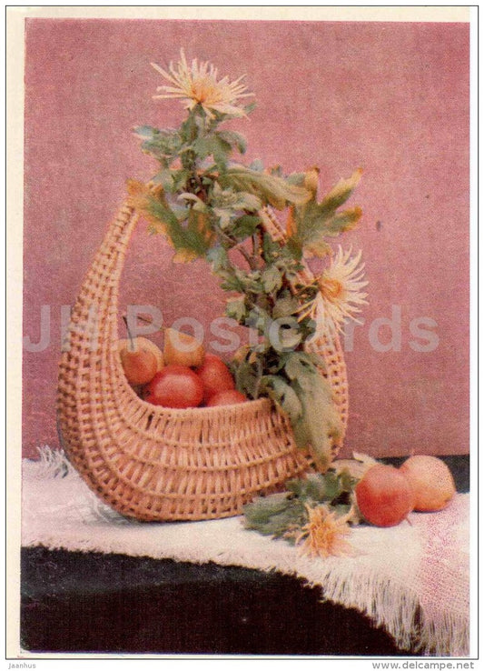 flower composition Autumn - apples -basket - 1963 - Lithuania USSR - unused - JH Postcards