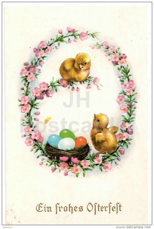 Easter greeting card - Ein frohes Osterfest - chicken - eggs - nest - used - JH Postcards