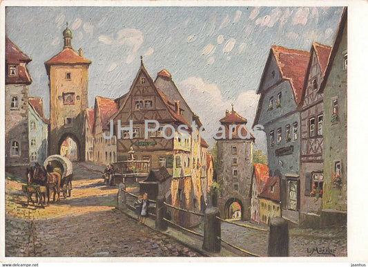 painting by Ludwig Mossler - Rothenburg o T - Plonlein - horse carriage - German art - Germany - unused - JH Postcards