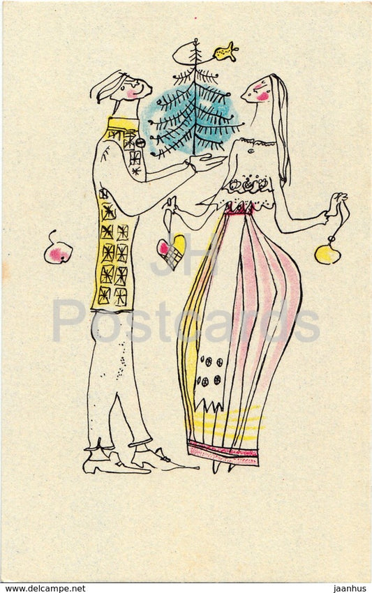 New Year Greeting Card by A. Vender - Estonian Folk Costumes - Fir Tree - decorations - 1972 - Estonia USSR - unused - JH Postcards