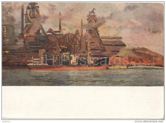 painting by V. Burlakov - plant Azovstal . Iron & Steel Works - factory - ship - russian art - unused - JH Postcards