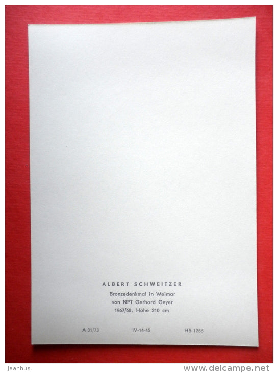 Albert Schweitzer , bronze monument in Weimar by Gerhard Geyer - sculpture - DDR Germany - unused - JH Postcards