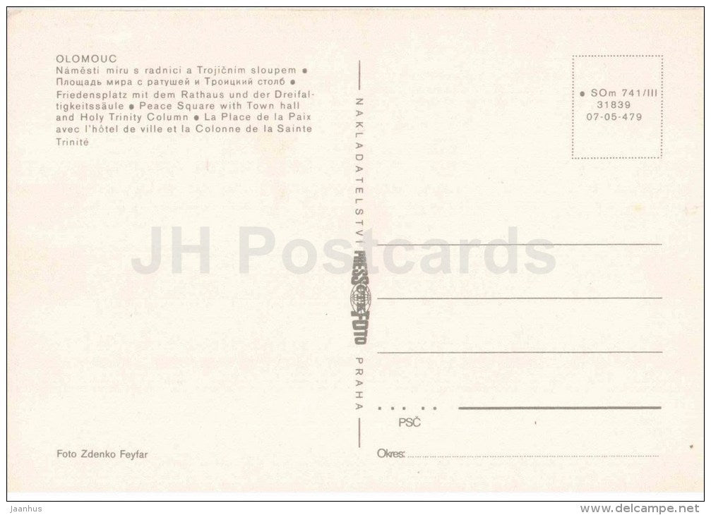 Olomouc - Peace Square with Town Hall and Holy Trinity Column - Czechoslovakia - Czech - unused - JH Postcards