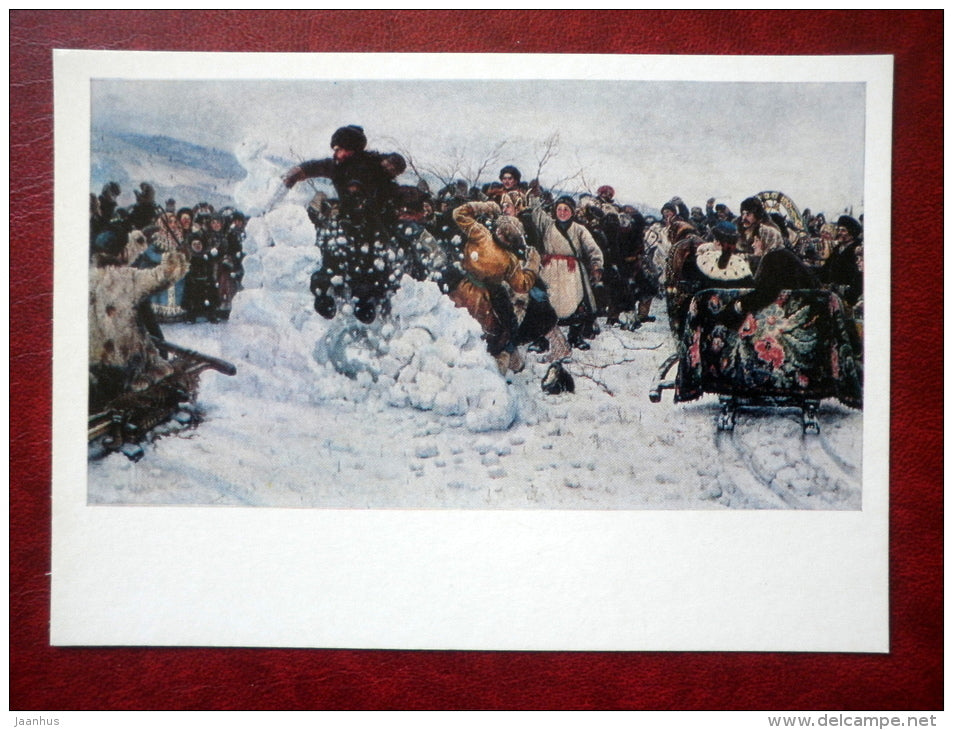 painting by V. Surikov , Taking a Snow Town 1891 - children playing - sleigh - russian art - unused - JH Postcards