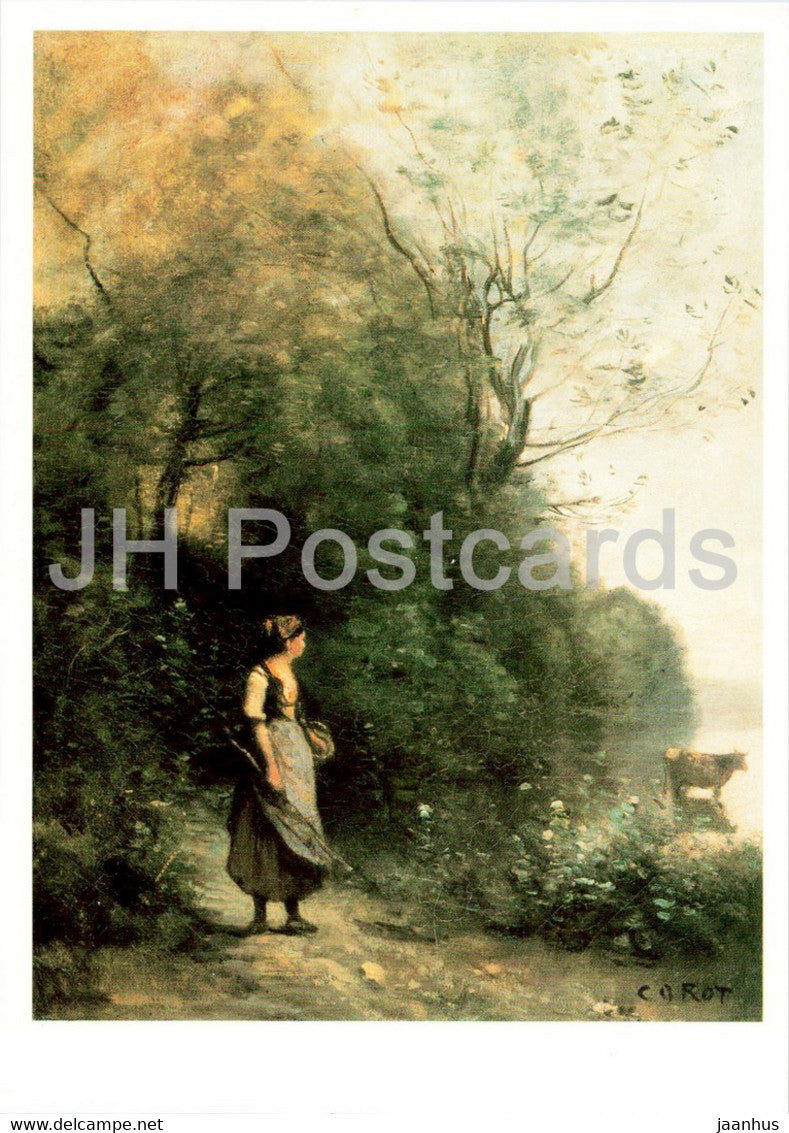 painting by Camille Corot - Peasant woman herding a cow - French art - 1983 - Russia USSR - unused - JH Postcards