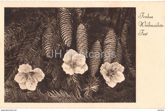 Christmas Greeting Card - Frohes Weihnachtsfest - fir cones - flowers - 694 - old postcard - 1940 - Germany - used - JH Postcards