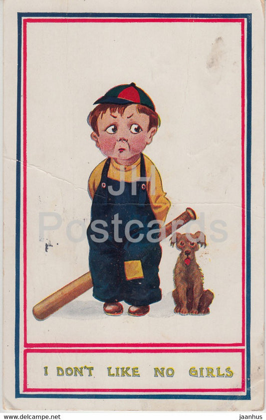 I don't like No Girls - boy - baseball - dog - illustration - TP & Co - Series 799-8 - old postcard - 1912 - USA - used - JH Postcards