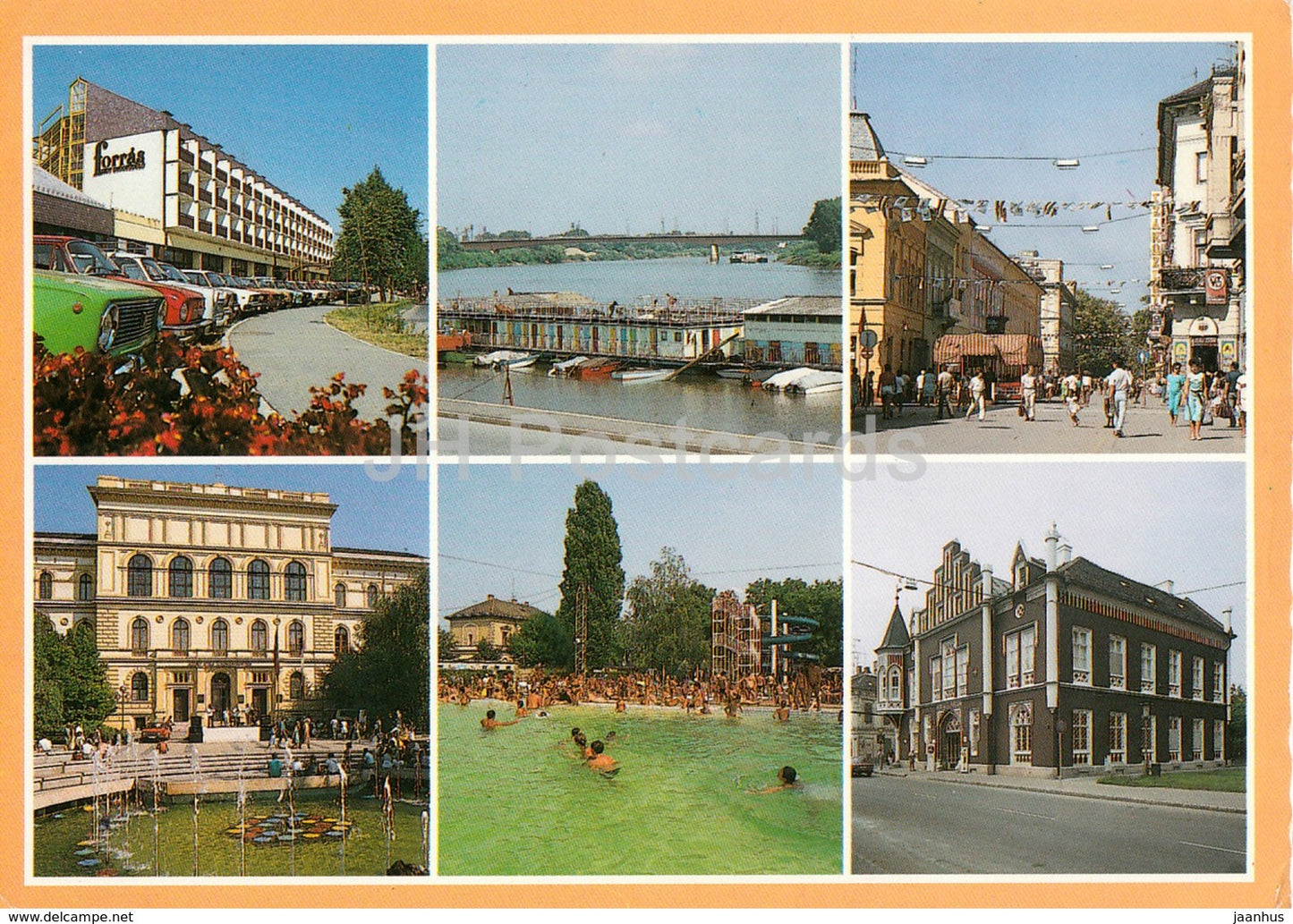 Szeged - pool - cars - architecture - multiview - 1990 - Hungary - used - JH Postcards