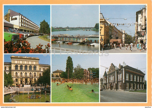 Szeged - pool - cars - architecture - multiview - 1990 - Hungary - used - JH Postcards