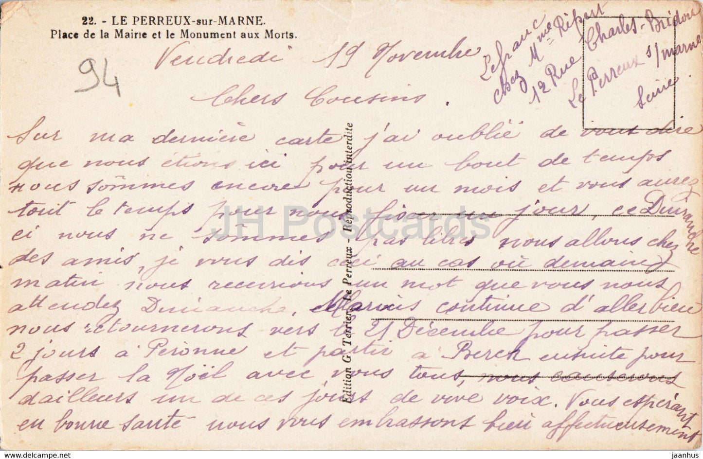 Le Perreux sur Marne - Place de la Mairie et le Monument aux Morts - 22 - old postcard - France - used