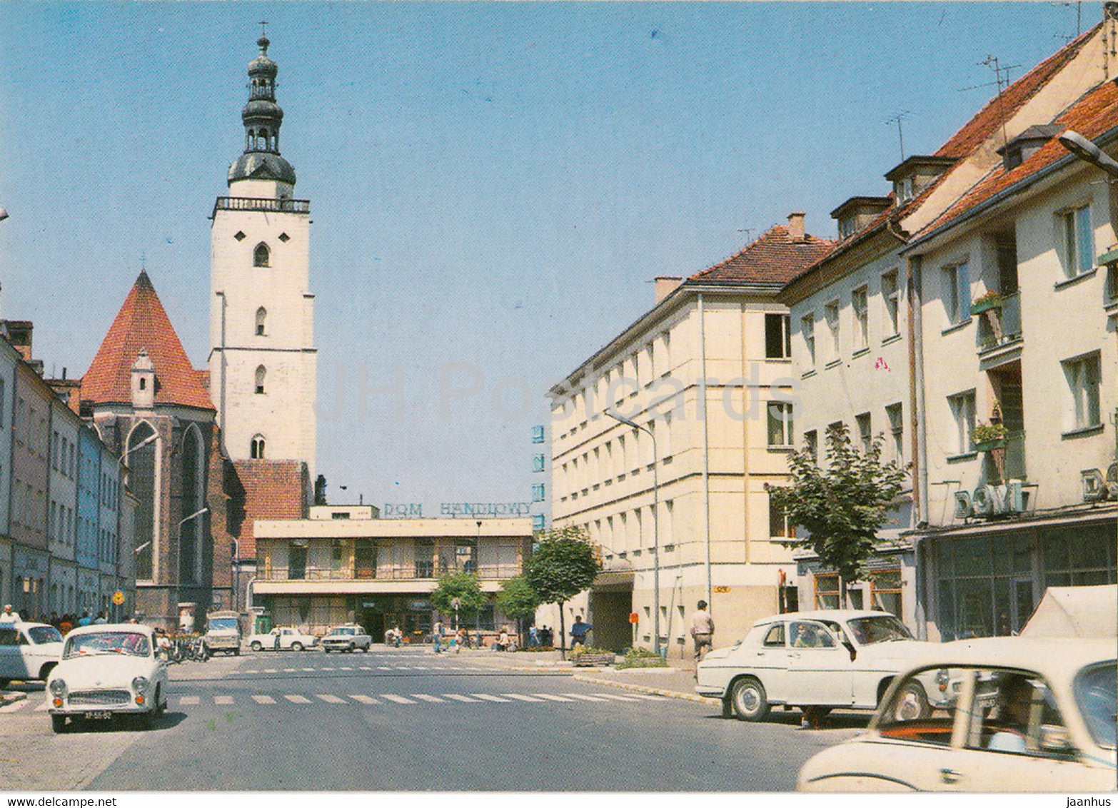 Olesnica - market - church - car Polski Fiat - Poland - used - JH Postcards